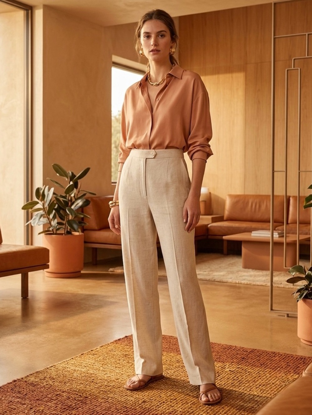 High-Rise Wide-Leg Trousers in Natural Beige Cream